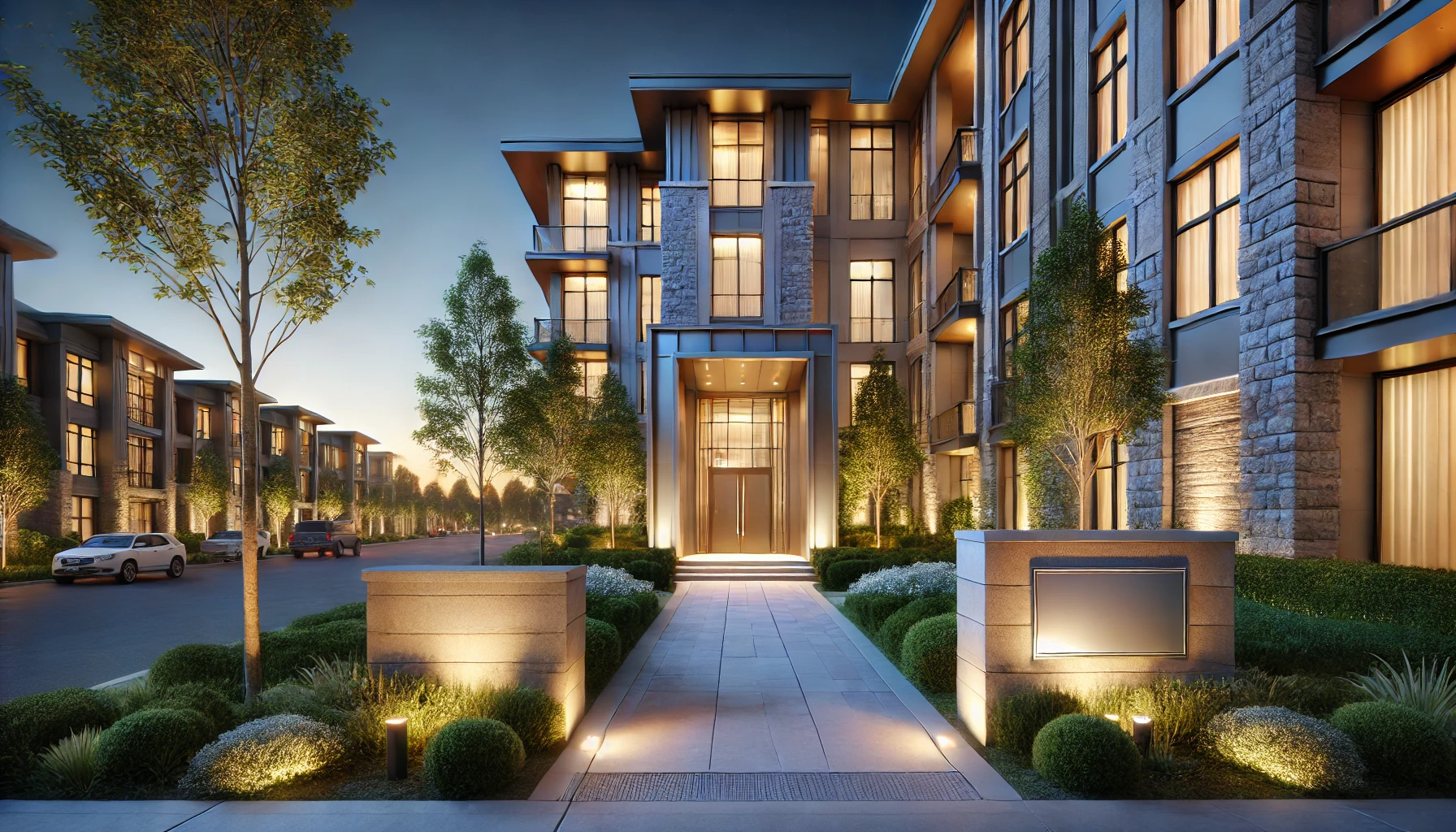 DALL·E 2024-11-11 12.11.27 - Ultra-realistic cinematic rendering of the entrance to a multifamily residential property at dusk. The property features a welcoming entrance with mod